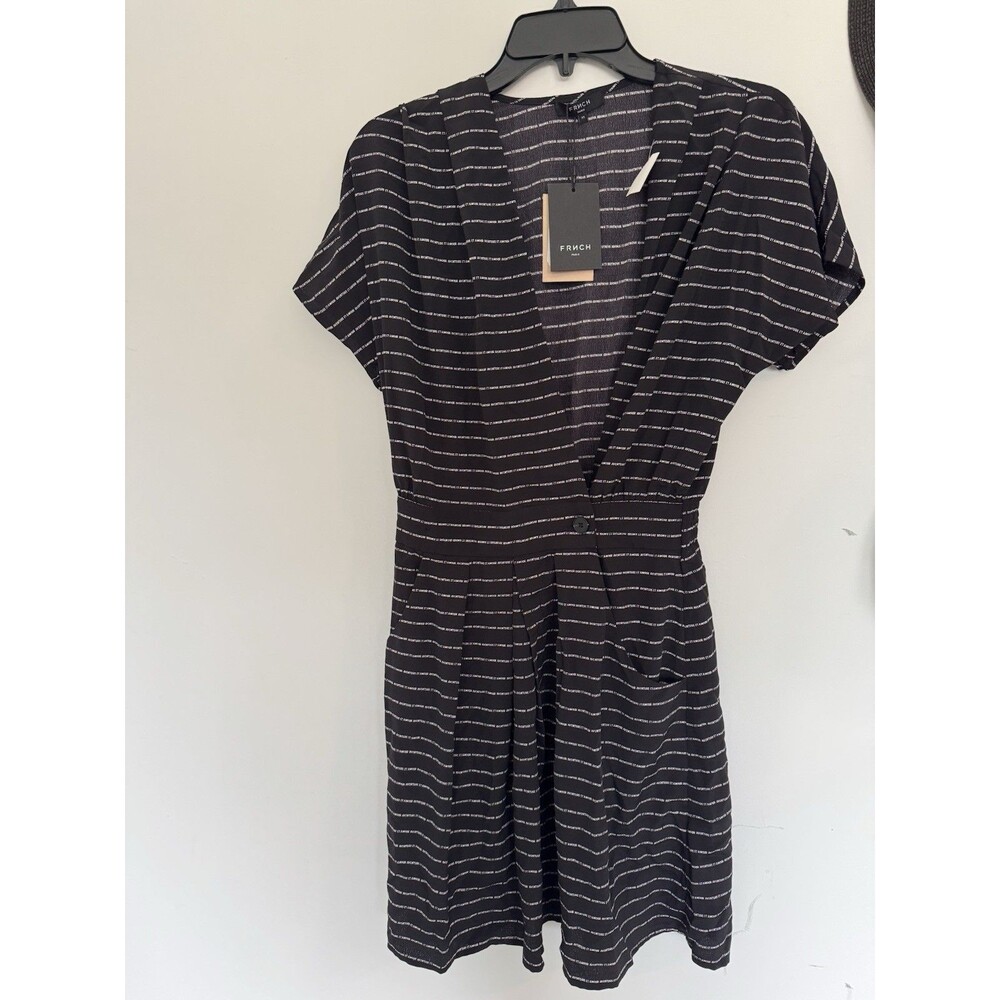 FRNCH Paris  Black and white striped V Neck dress Pocketed Robe Size XS